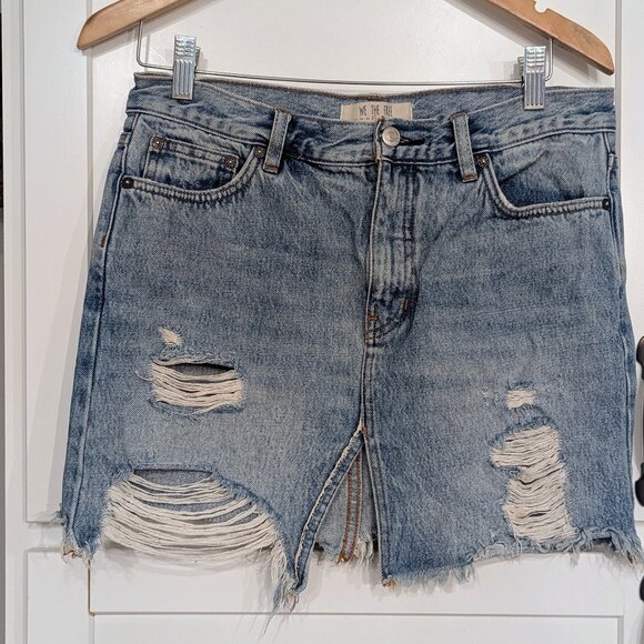 We The Free Free People Denim Front Slit Skirt Sz 27 Distressed Raw Hem Cotton S - Picture 1 of 6